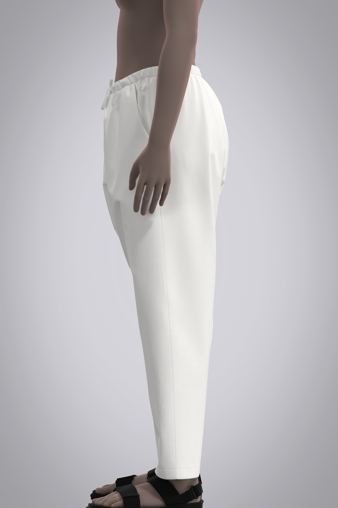 Female avatar wearing white drop crotch pants with elastic waist and drawstring, left side view.