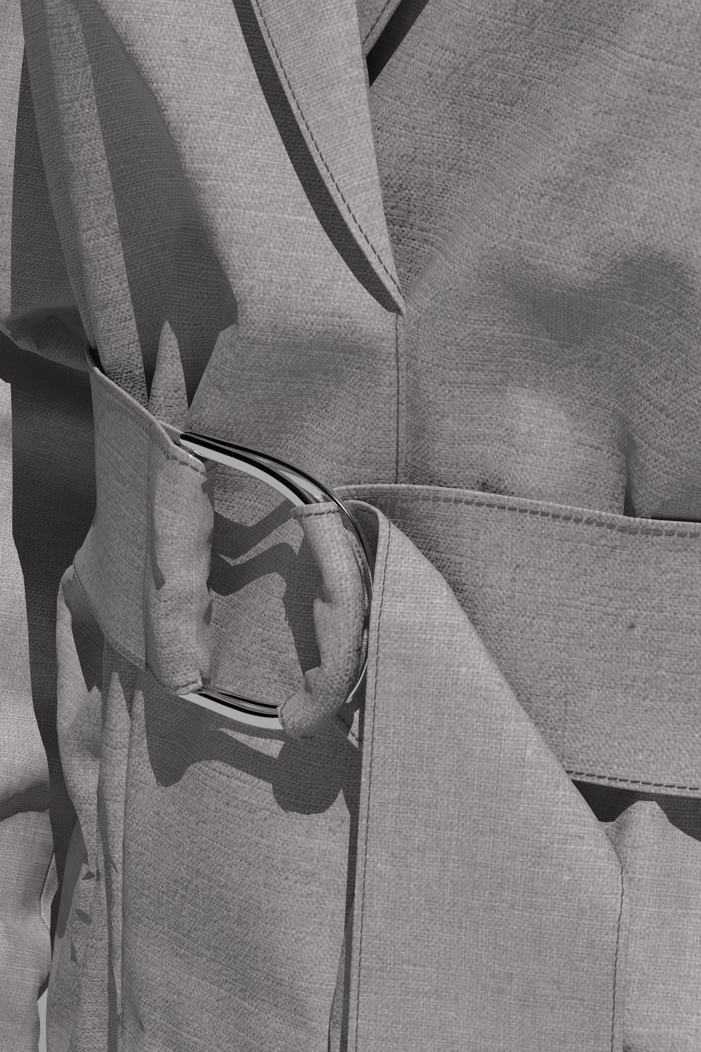 Zoomed in view of 3D garment in grey linen with fabric belt with silver d-ring buckle. 