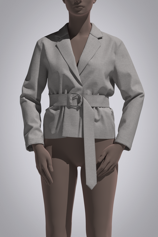 Avatar wearing 3D grey linen jacket with collar and lapel. Garment synched with fabric belt with silver d-ring closure. 