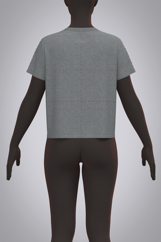 Back view of female avatar wearing 3D grey t-shirt with red basting stitch balance lines