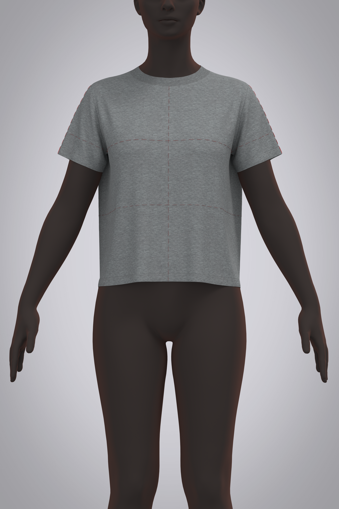 Front view of female avatar wearing 3D grey t-shirt with red basting stitch balance lines