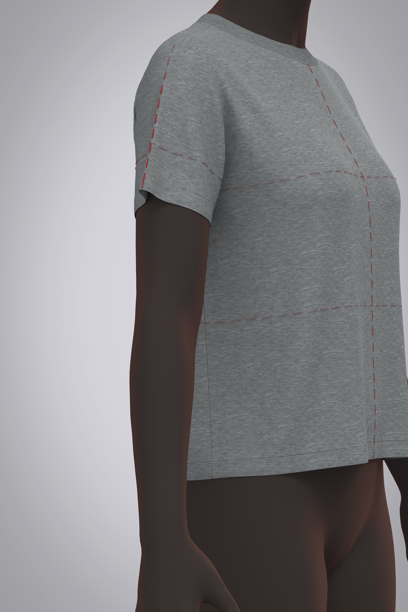 Three quarter front detail view of female avatar wearing 3D grey t-shirt with red basting stitch balance lines