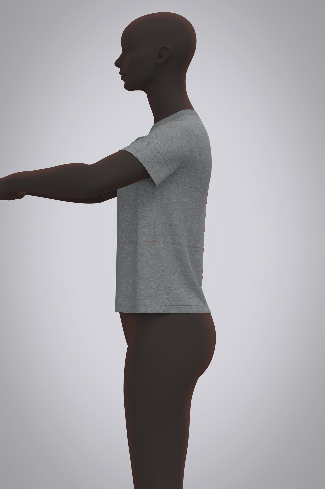 Left side view of female avatar arms up in front, wearing 3D grey t-shirt with red basting stitch balance lines