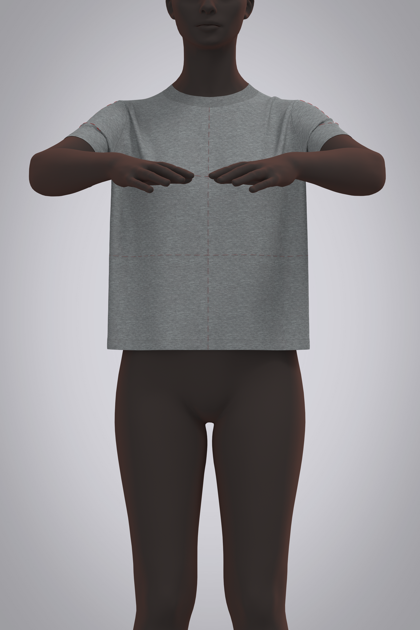 Front view of female avatar elbows bent arms up in air, wearing 3D grey t-shirt with red basting stitch balance lines