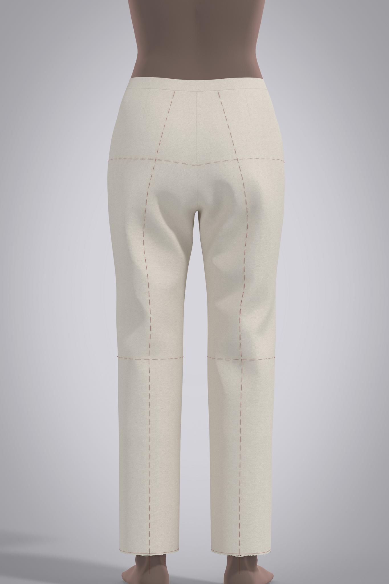 Back view of avatar wearing 3D muslin mid-rise trouser with red basting stitch balance lines