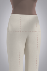 Three quarter front detail view of avatar wearing 3D muslin mid-rise trouser with red basting stitch balance lines