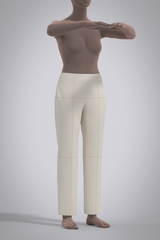 Three quarter front view of avatar with arms up in front, wearing 3D muslin mid-rise trouser with red basting stitch balance lines