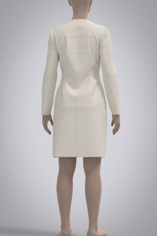 Back view of female avatar wearing muslin dress block with red basting stitch balance lines