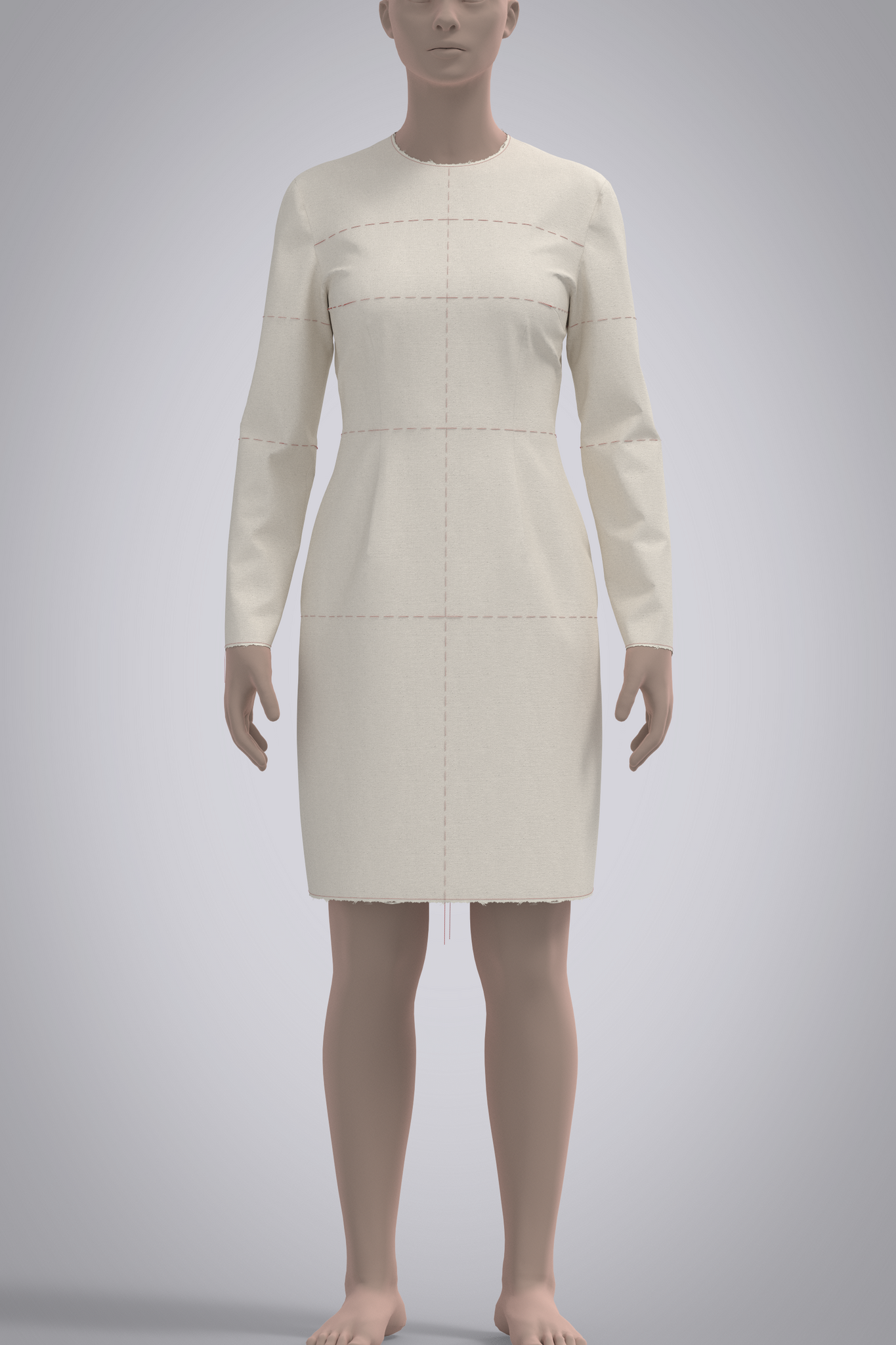 Front view of female avatar wearing muslin dress block with red basting stitch balance lines