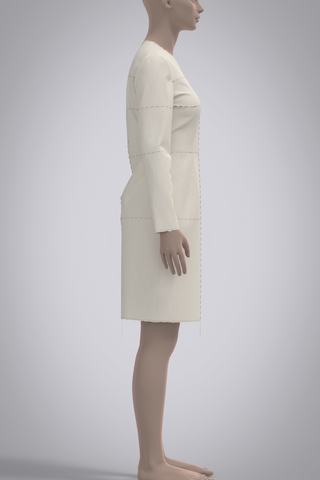 Right side view of female avatar wearing muslin dress block with red basting stitch balance lines