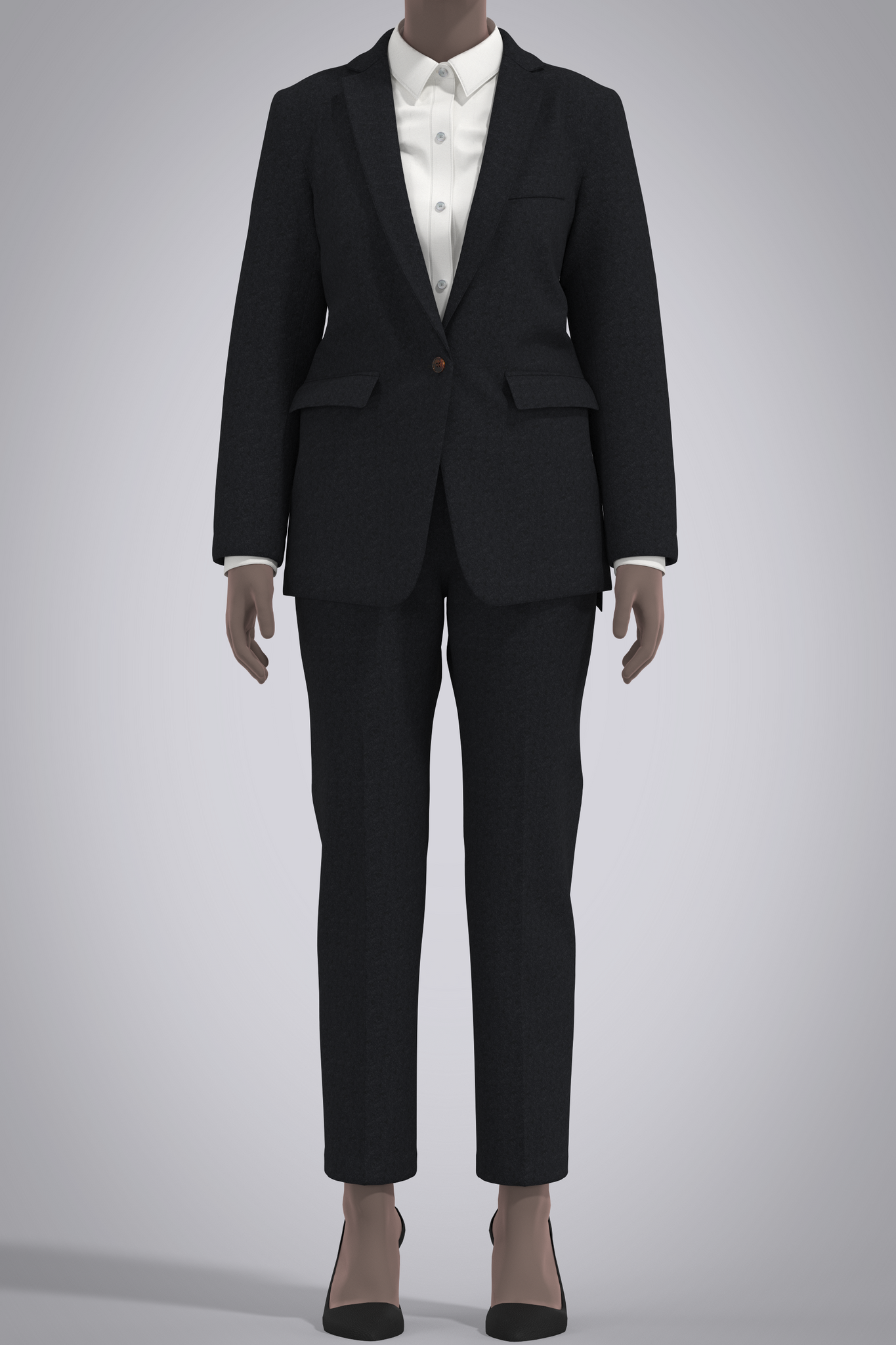 Digital black cashmere suit on female avatar with white button-down poplin shirt. View from front with avatar's arms by her sides, wearing black pump heels, cropped at her neck.