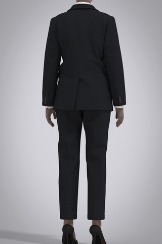 Digital black cashmere suit on female avatar with white button-down poplin shirt. Back view with avatar's arms by her sides, wearing black pump heels, cropped above collar.