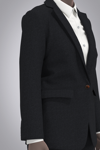 Digital black cashmere suit on female avatar with white button-down poplin shirt. Front detail view at 3/4 turn, cropped at collar and bottom of jacket.