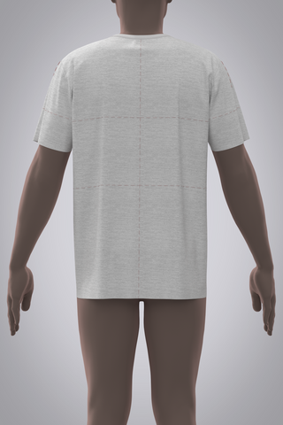 Back view of male avatar wearing grey jersey t-shirt with red basting stitch balance lines