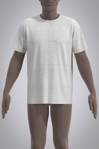 Front view of male avatar wearing grey jersey t-shirt with red basting stitch balance lines