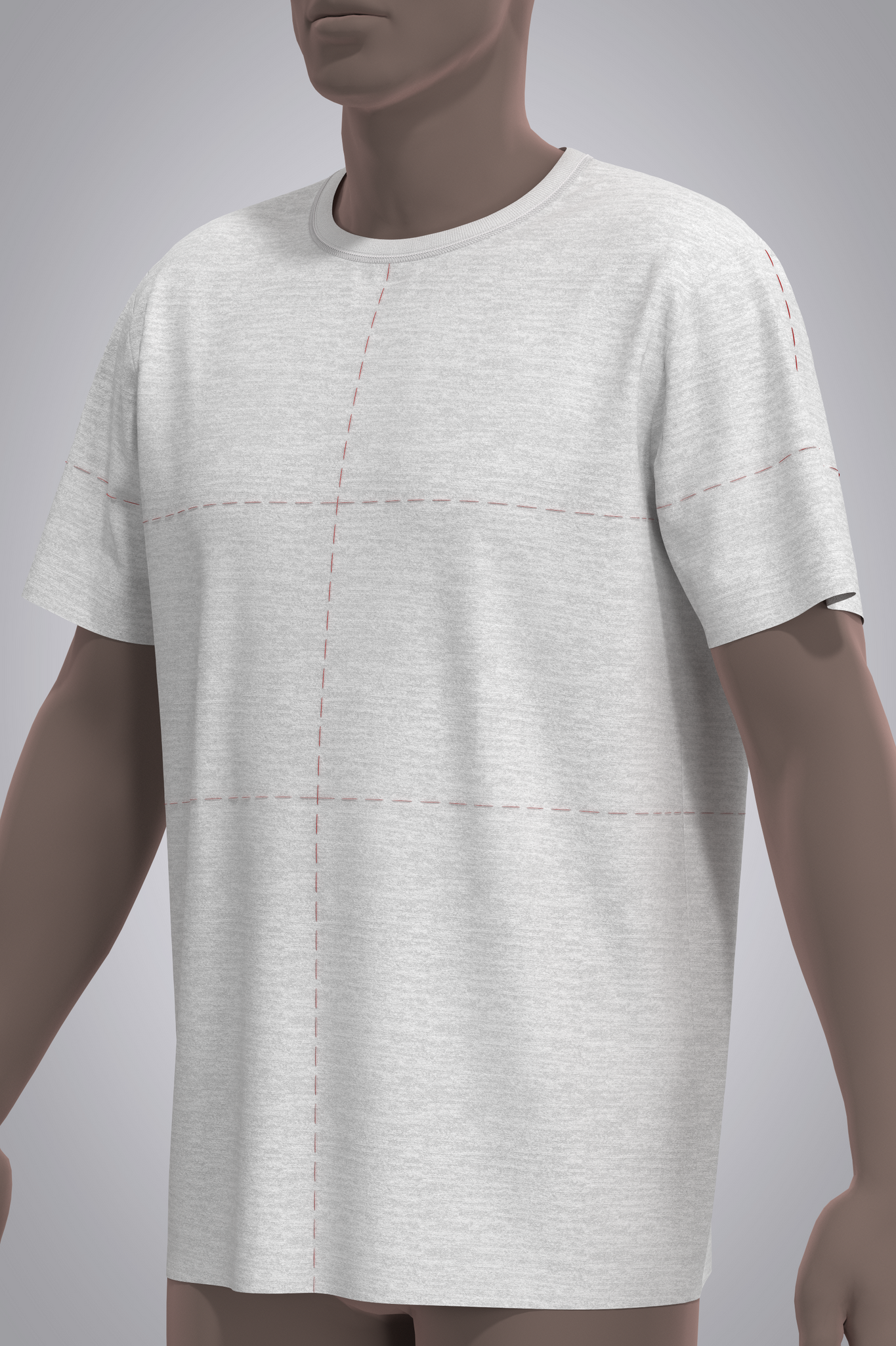 Quarter turn front detail view of male avatar wearing grey jersey t-shirt with red basting stitch balance lines