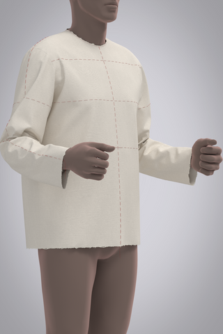 Three quarter front view of male avatar elbows bent with hands in fists, wearing muslin shirt block with red basting stitch balance lines.