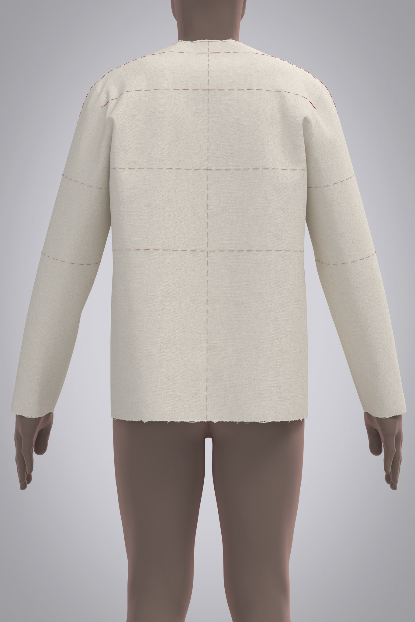 Back view of male avatar wearing muslin shirt block with red basting stitch balance lines.