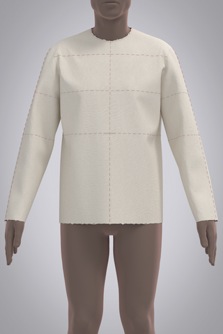 Front view of male avatar wearing muslin shirt block with red basting stitch balance lines.