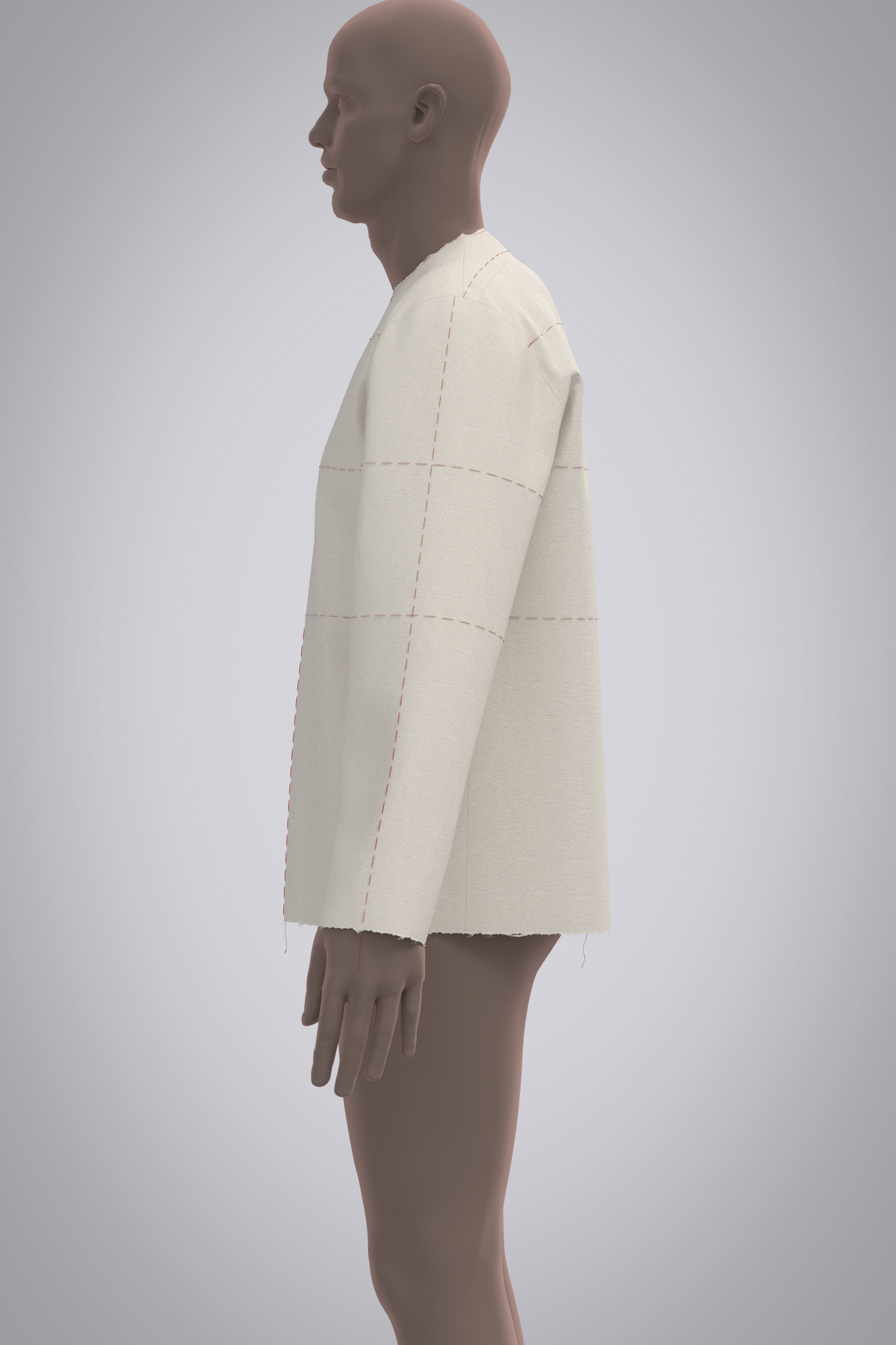 Left side view of male avatar wearing muslin shirt block with red basting stitch balance lines.