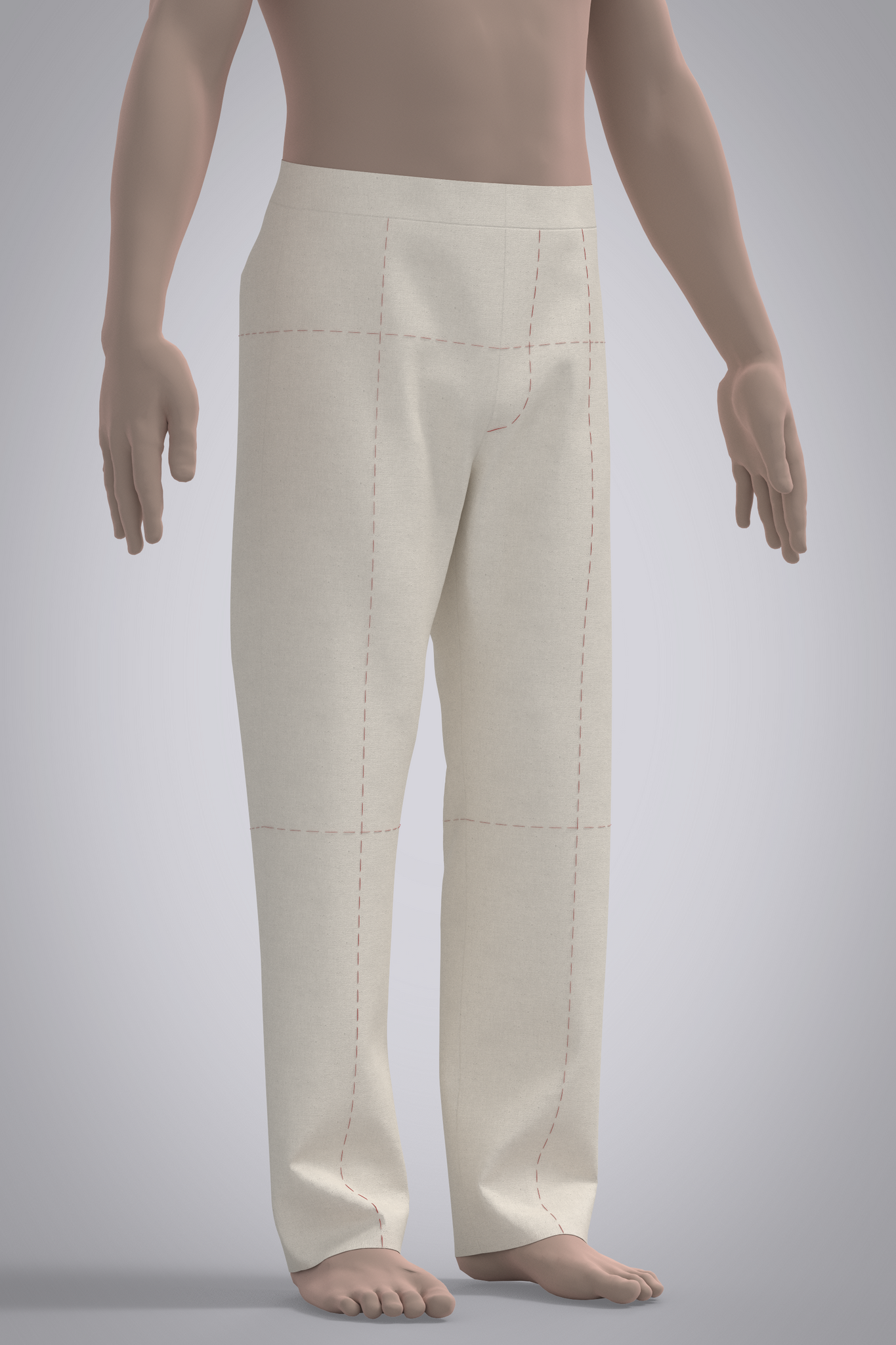 Three quarter front view of male avatar wearing 3D muslin trouser with red basting stitch balance lines