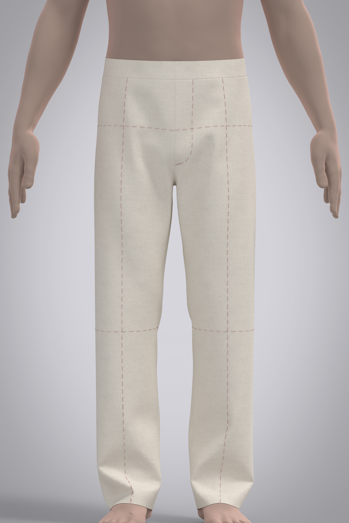 Front view of male avatar wearing 3D muslin trouser with red basting stitch balance lines