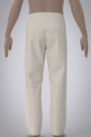 Back view of male avatar wearing 3D muslin trouser with red basting stitch balance lines