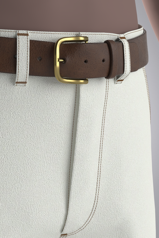 3D Accessory, cowhide raw cut leather belt with brass buckle and 2 rives, with matching leather loop. Belt displayed on avatar looped through white canvas work pant waistband, close up view of front buckle and fly area.