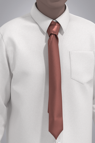 Digital neck tie in dark pink silk twill fabric, tied on male avatar over white button-down oxford shirt. View zoomed in from front, cropped at avatar's chin and just below tie.