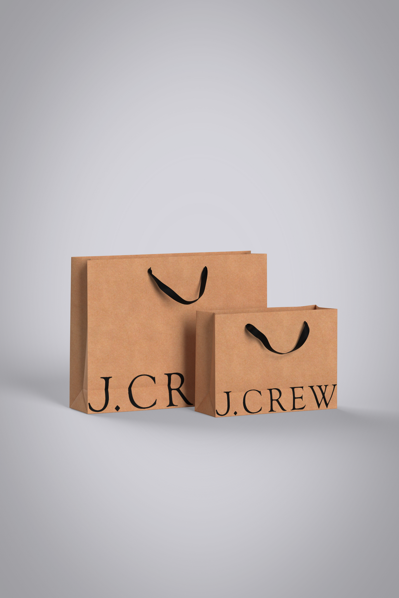 3D object shopping bag set, brown with J-Crew logo.