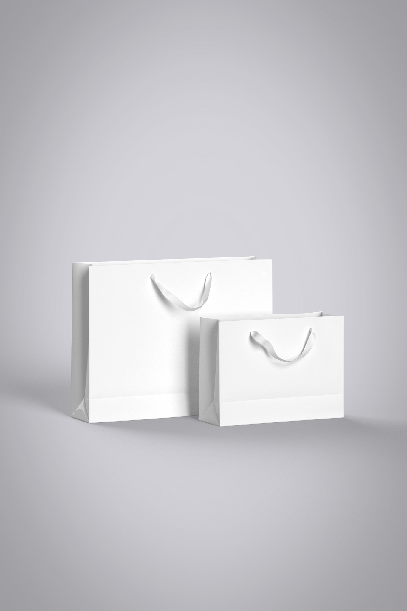 3D object white shopping bag set, large and small on grey gradient background.