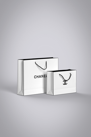 3D object shopping bag set, white with black Chanel logo.