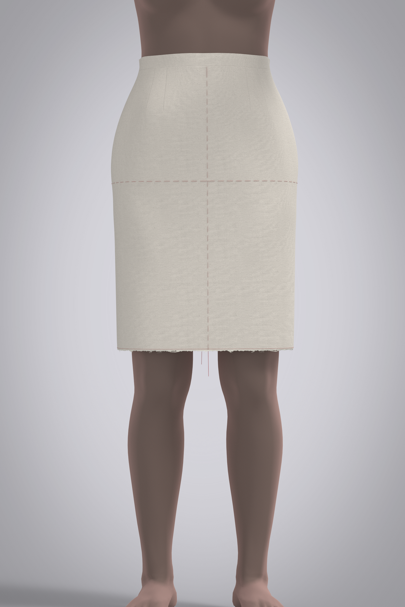 Front view of avatar wearing 3D muslin skirt block with red basting stitch balance lines