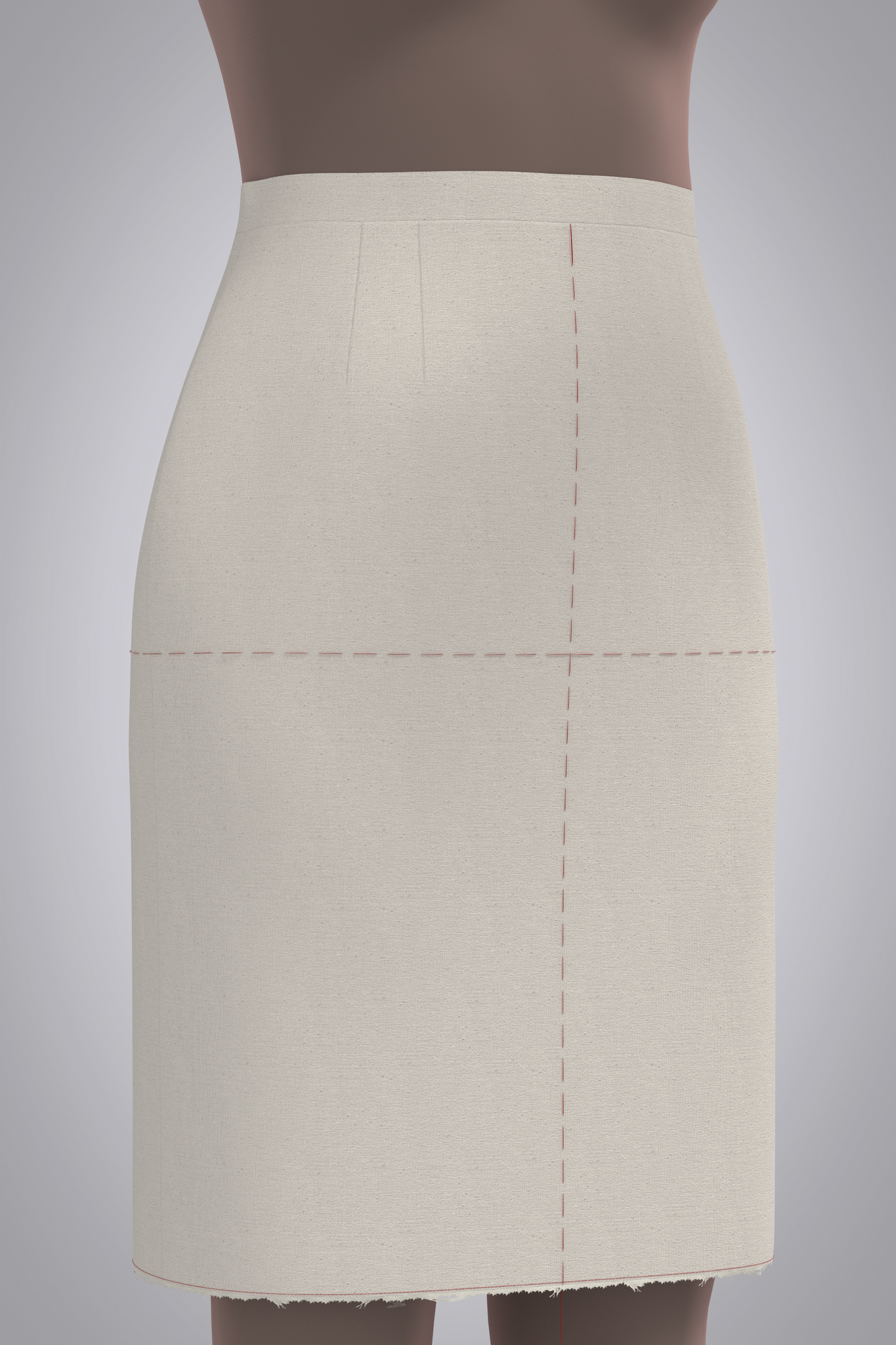 Three quarter front detail view of avatar wearing 3D muslin skirt block with red basting stitch balance lines