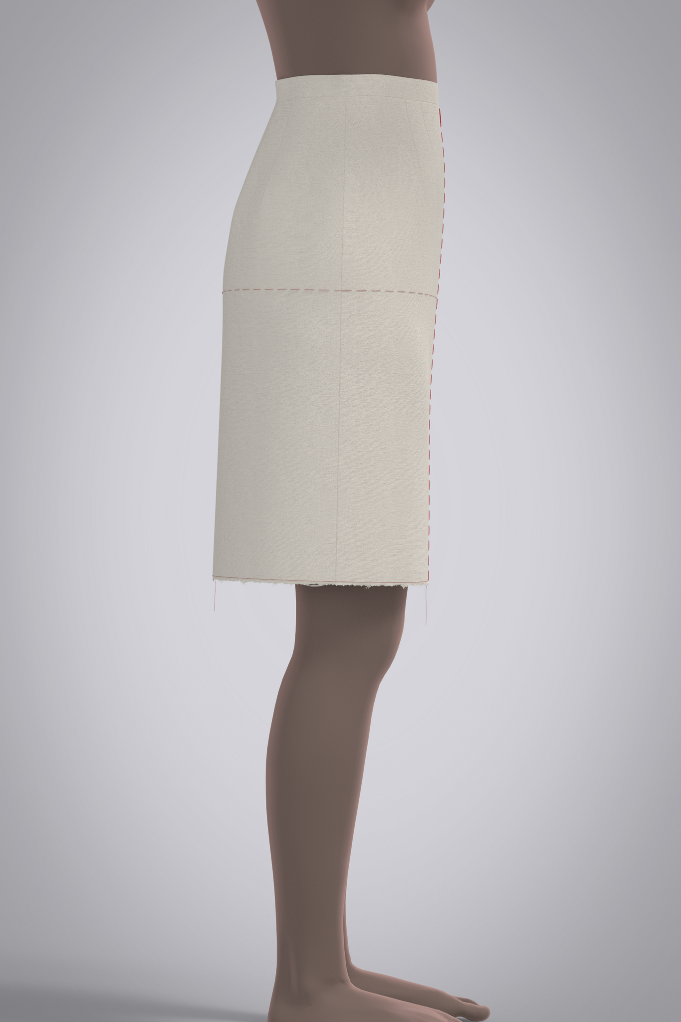 Right side view of avatar wearing 3D muslin skirt block with red basting stitch balance lines