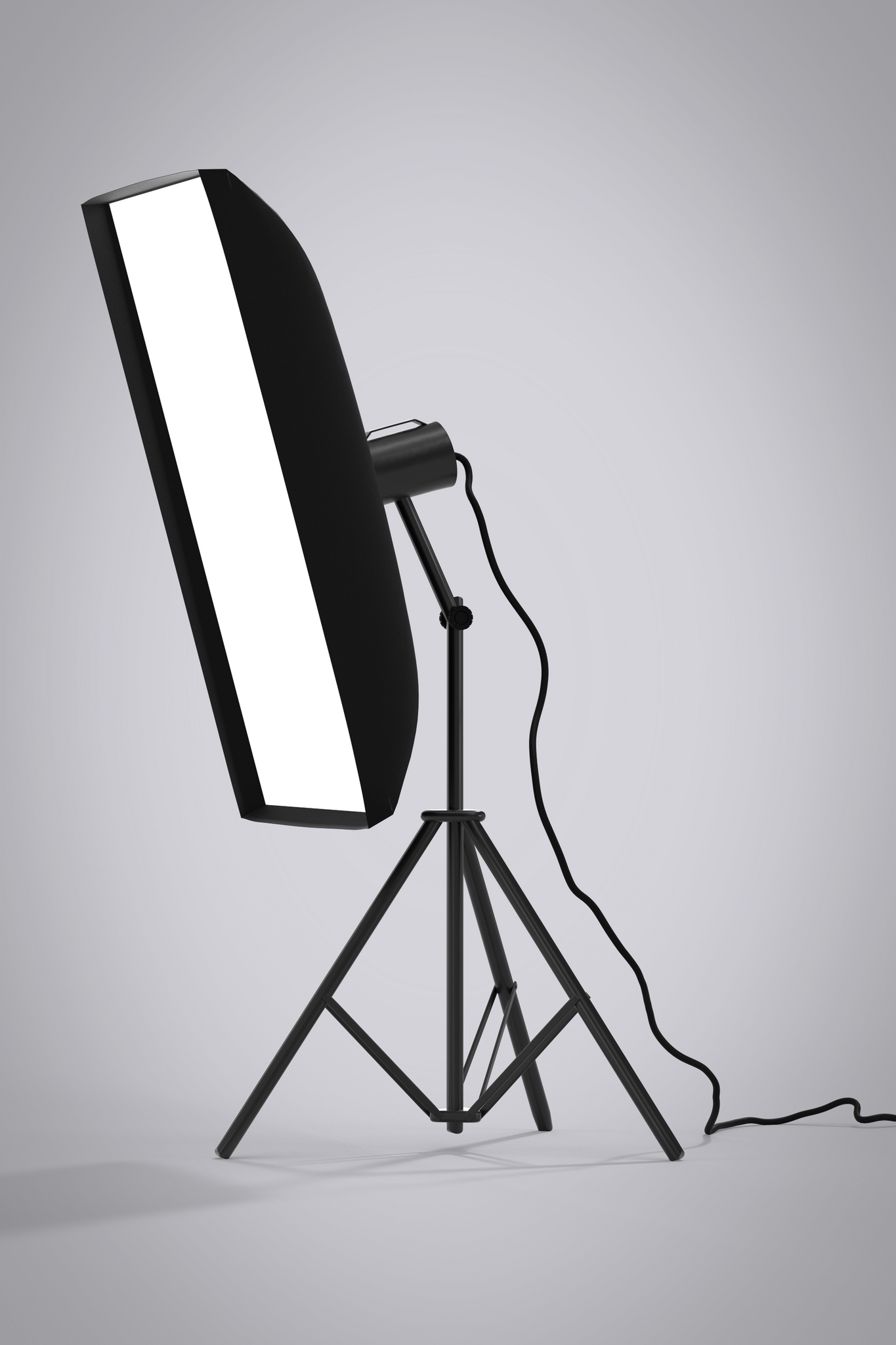 3D object rectangular photo studio light on black metal stand with cord.