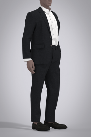 Digital black wool cashmere suit with white oxford button-down shirt on male avatar. Right front quarter turn view with avatar's left hand in trouser pocket and jacket open.