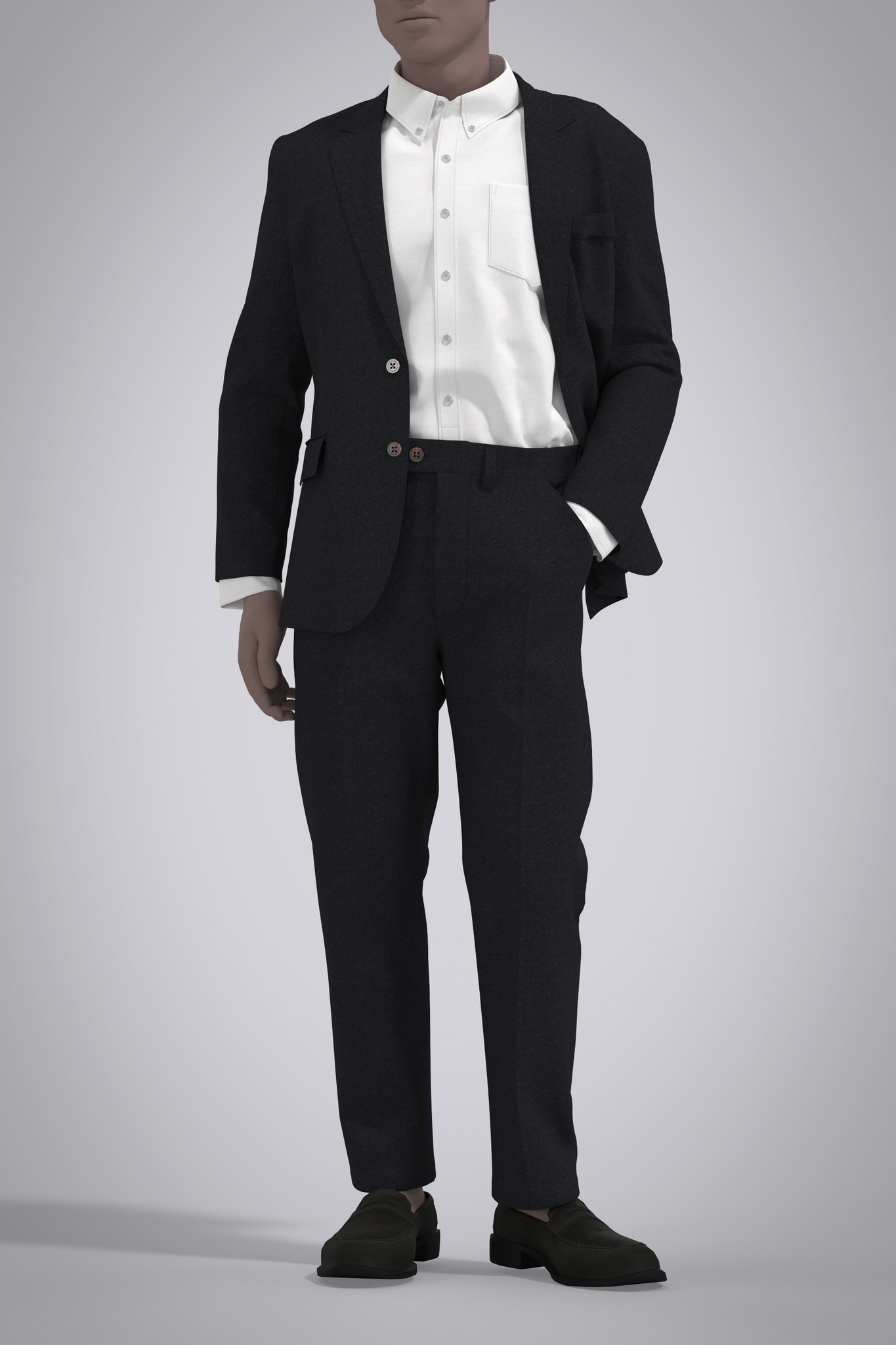 Digital black wool cashmere suit with white oxford button-down shirt on male avatar. View from front with avatar's left hand in trouser pocket and jacket open.