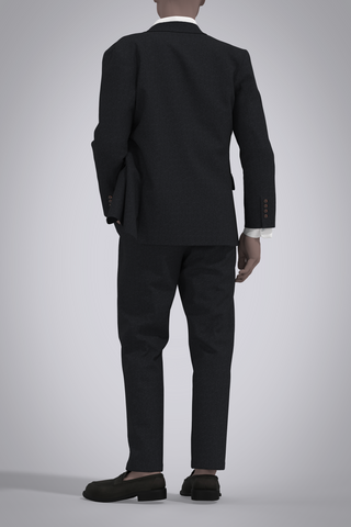 Digital black wool cashmere suit with white oxford button-down shirt on male avatar. View from back with avatar's left hand in trouser pocket and jacket open.