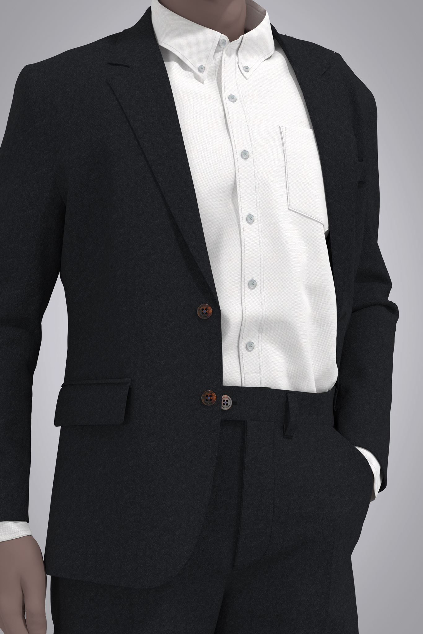 Digital black wool cashmere suit with white oxford button-down shirt on male avatar. Front detail view from hip to collar, with avatar's left hand in trouser pocket and jacket open.