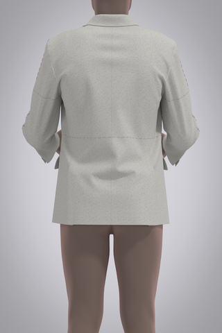 Digital tailored jacket block in grey wool cashmere on male avatar. View from back with avatar's elbows bent, shoulders forward, showing the stretch and fit of the jacket at the back shoulder. Cropped at avatar's ears and just below knees.