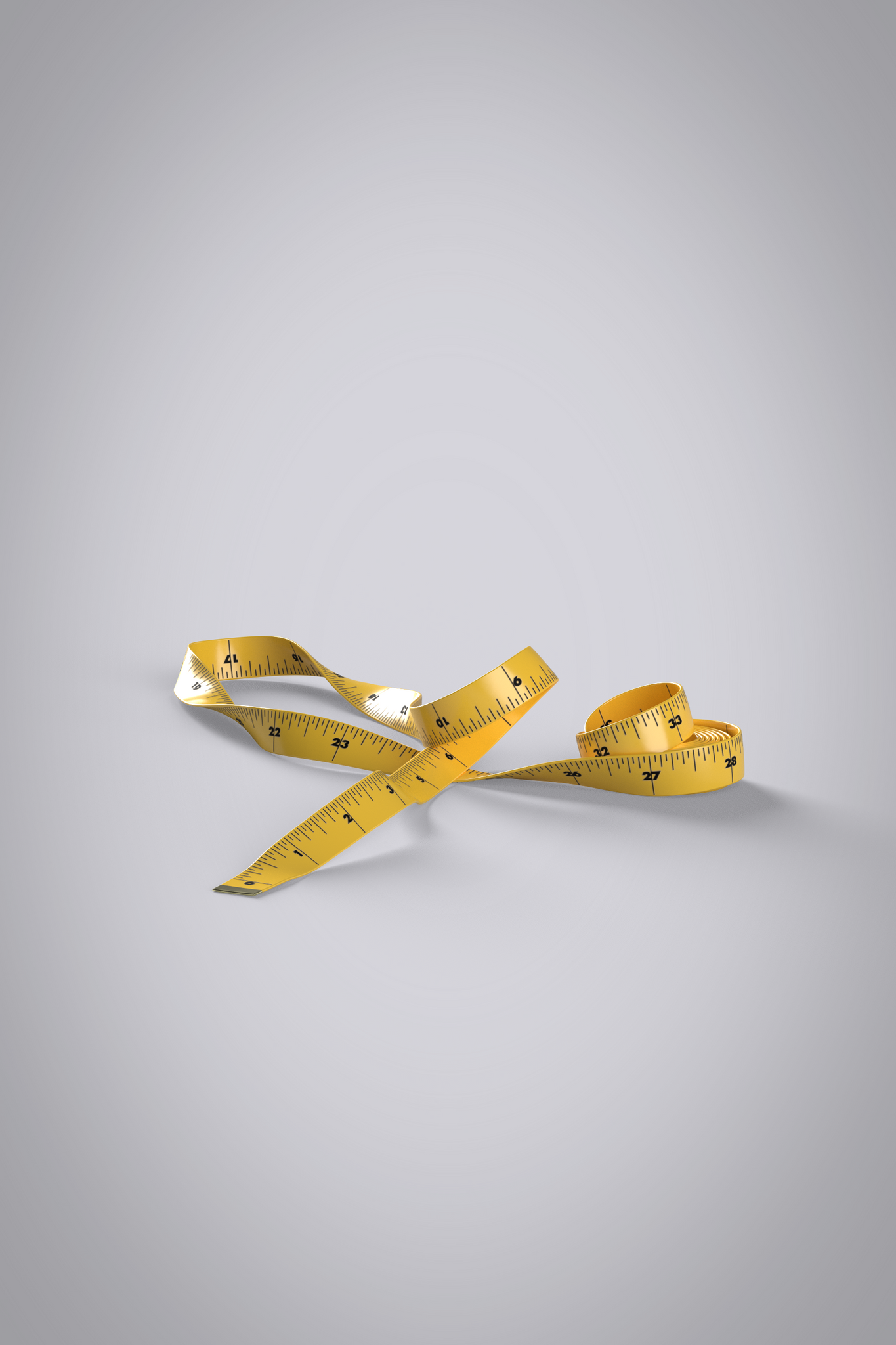 3D object of yellow tape measure showing inch markings in black with metal tips.