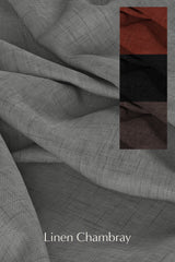 Digital fabric image of light grey linen chambray. Includes 3 swatches in upper right corner of red, black and dark mauve colourways.