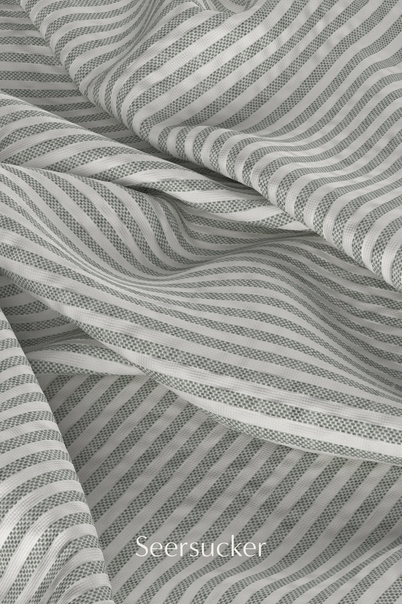 Digital fabric texture of seersucker fabric with light grey/green ticking stripe.