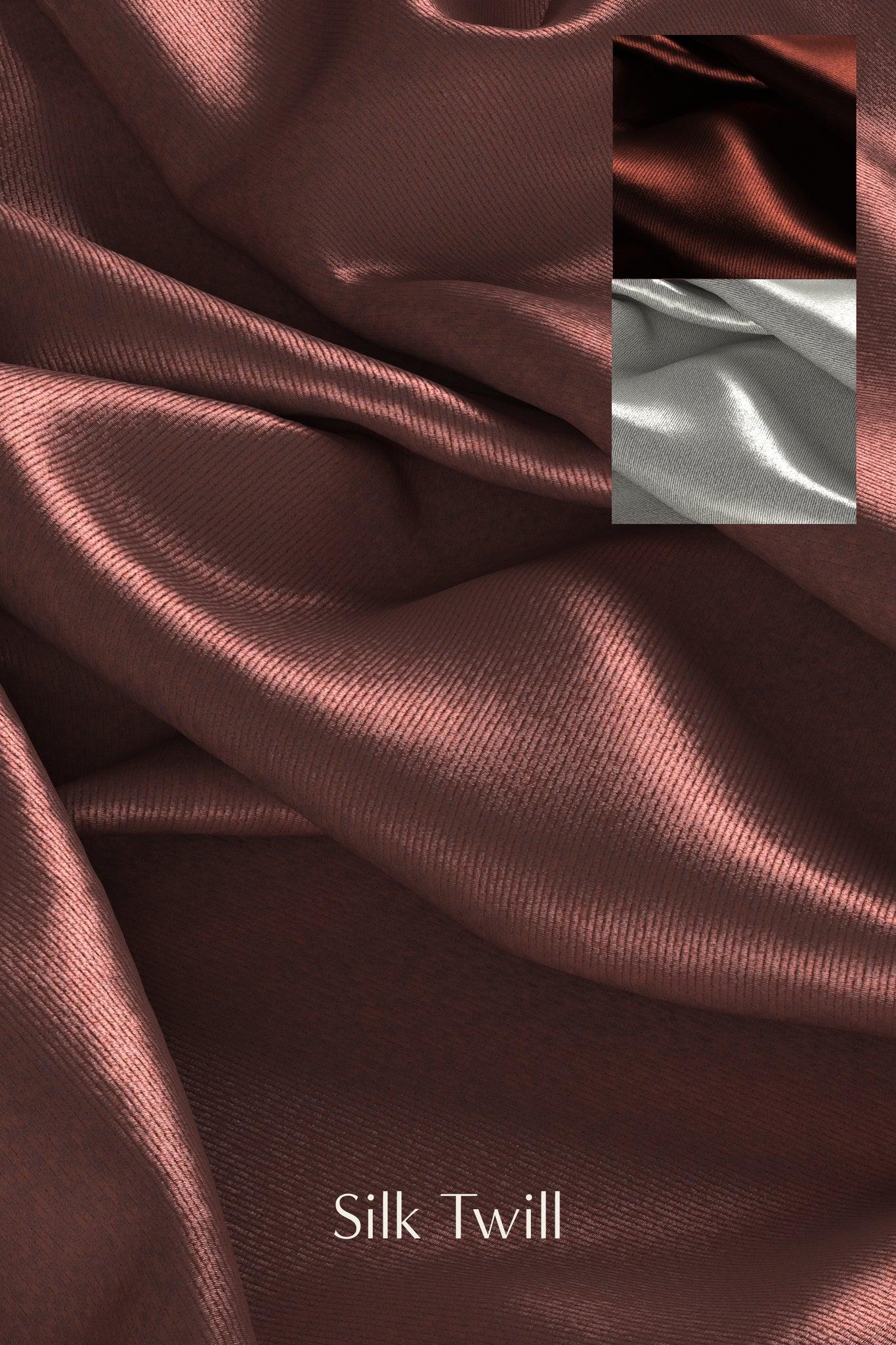 Digital fabric texture of dark pink silk twill. Includes 2 swatches in upper right corner of dark red and silver colourways.