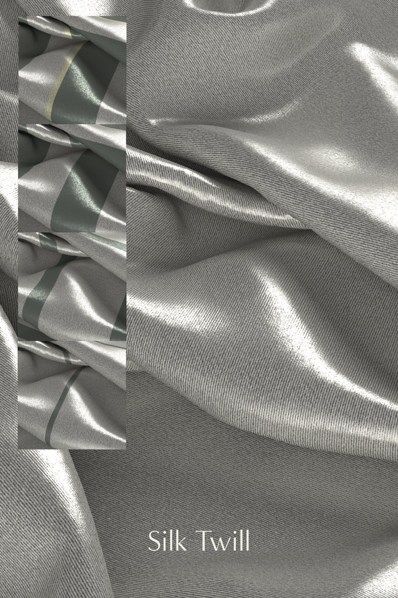 Digital fabric texture of silver silk twill tie fabric. Includes 4 swatches in upper left corner of various stripe repeats/thicknesses in an olive green colour. 