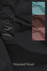 Digital fabric image of worsted wool suiting in dark charcoal grey. Includes 3 swatches in upper right corner of light blue, burgundy and pink colourways, as well as 3 swatches in upper left corner of the charcoal colourway in 3 different pin stripe thicknesses.