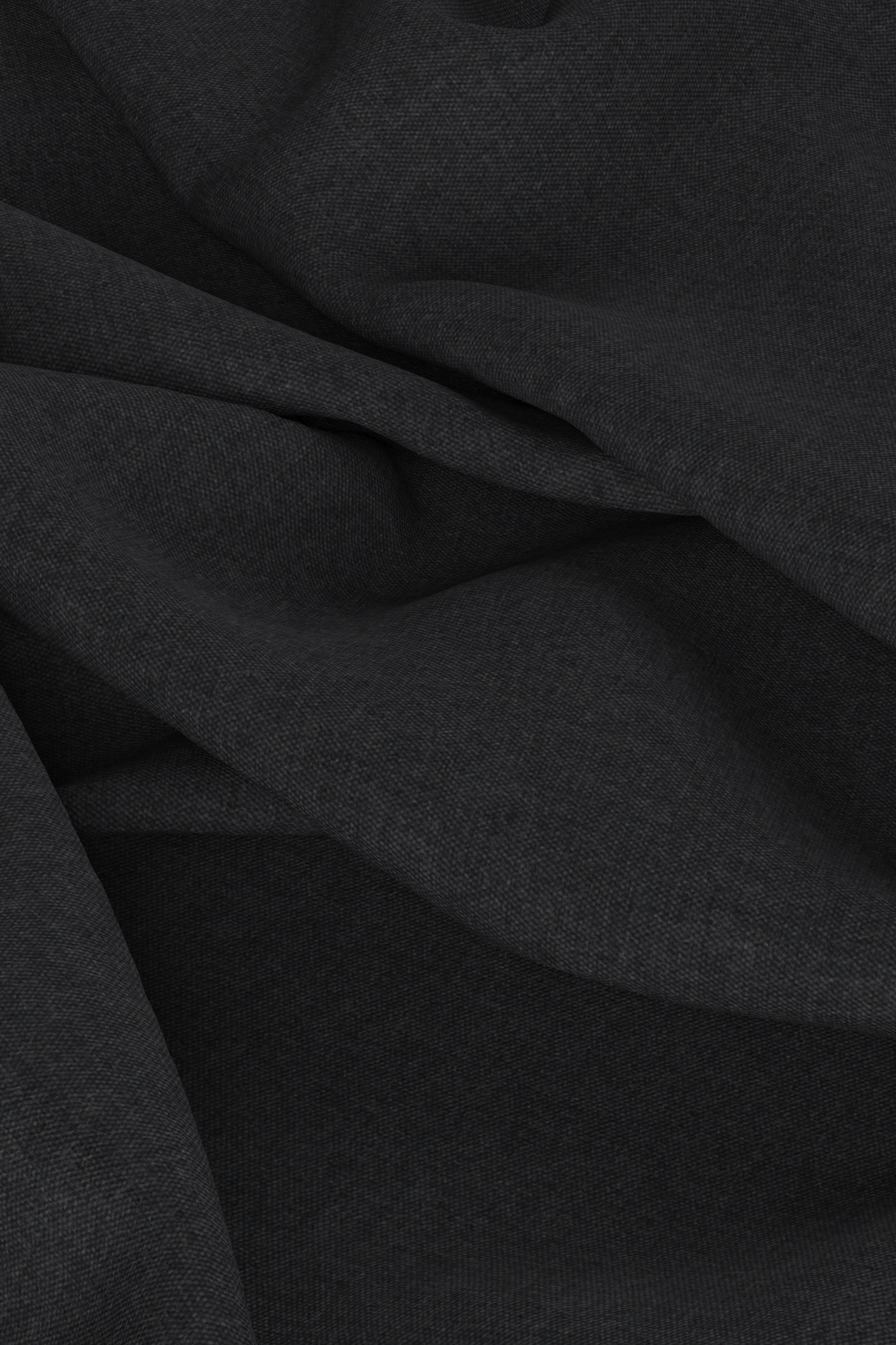 Digital fabric, dark grey worsted wool suiting. Fabric is draped on ground with loose folds, fills entire frame.