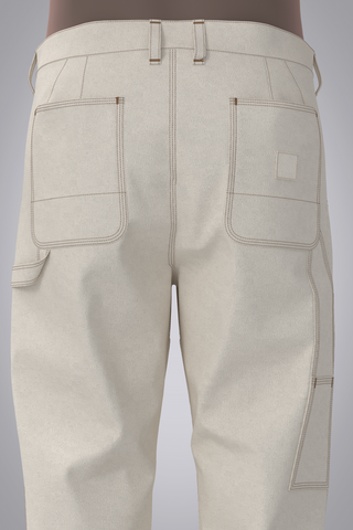 Male avatar wearing cream work pant with back patch pockets, hammer loop, belt loops and jean orange topstitching and bartacks- Back Detail View