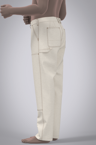 Male avatar wearing cream work pant with double knee panel and jean orange topstitching- Left Side Back View